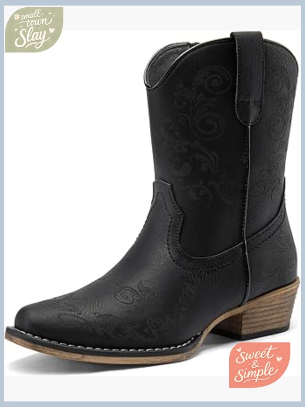 Women's Western Ankle Boots Square Toe Chunky Heel Side Zipper Faux Leather